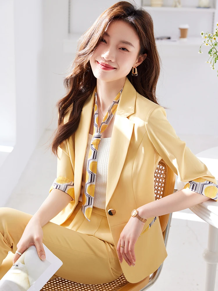 

Желтый летний костюм-двойка с коротким рукавом для женщин: тонкий, новый, премиум-класса, без рукавов, в западном стиле, для офиса, приталенный.