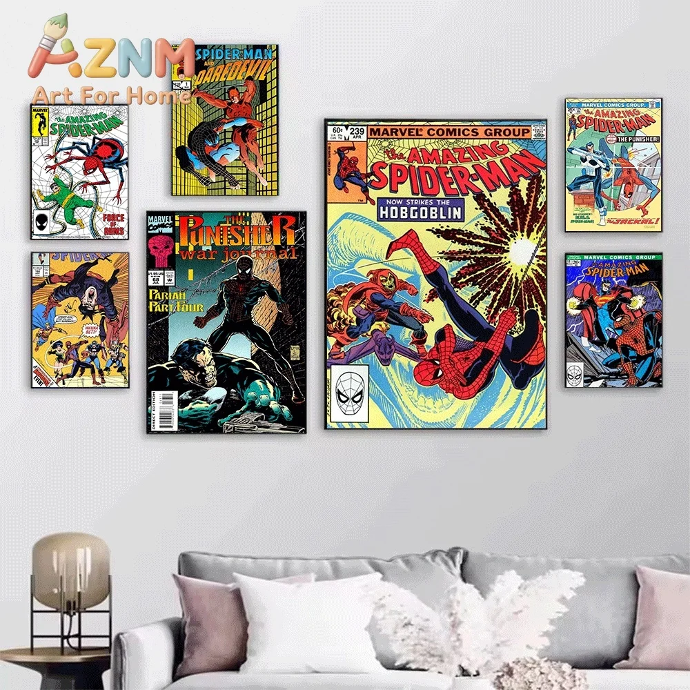 Marvel Spider Man Superman Batman Vintage Comic Cover Canvas Wall Art Unframed Canvas Poster Print for Boys Bedroom Game Room