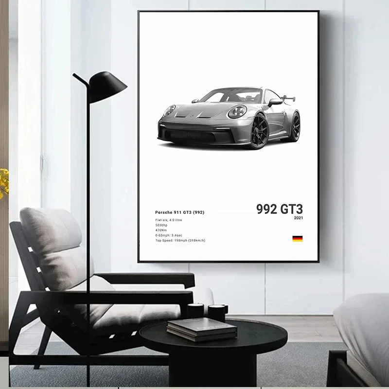 Black and White German Luxury Sports Car Posters Wall Art 911 GT3 RS Turbo Canvas Painting Pictures For Garage Living Room Decor