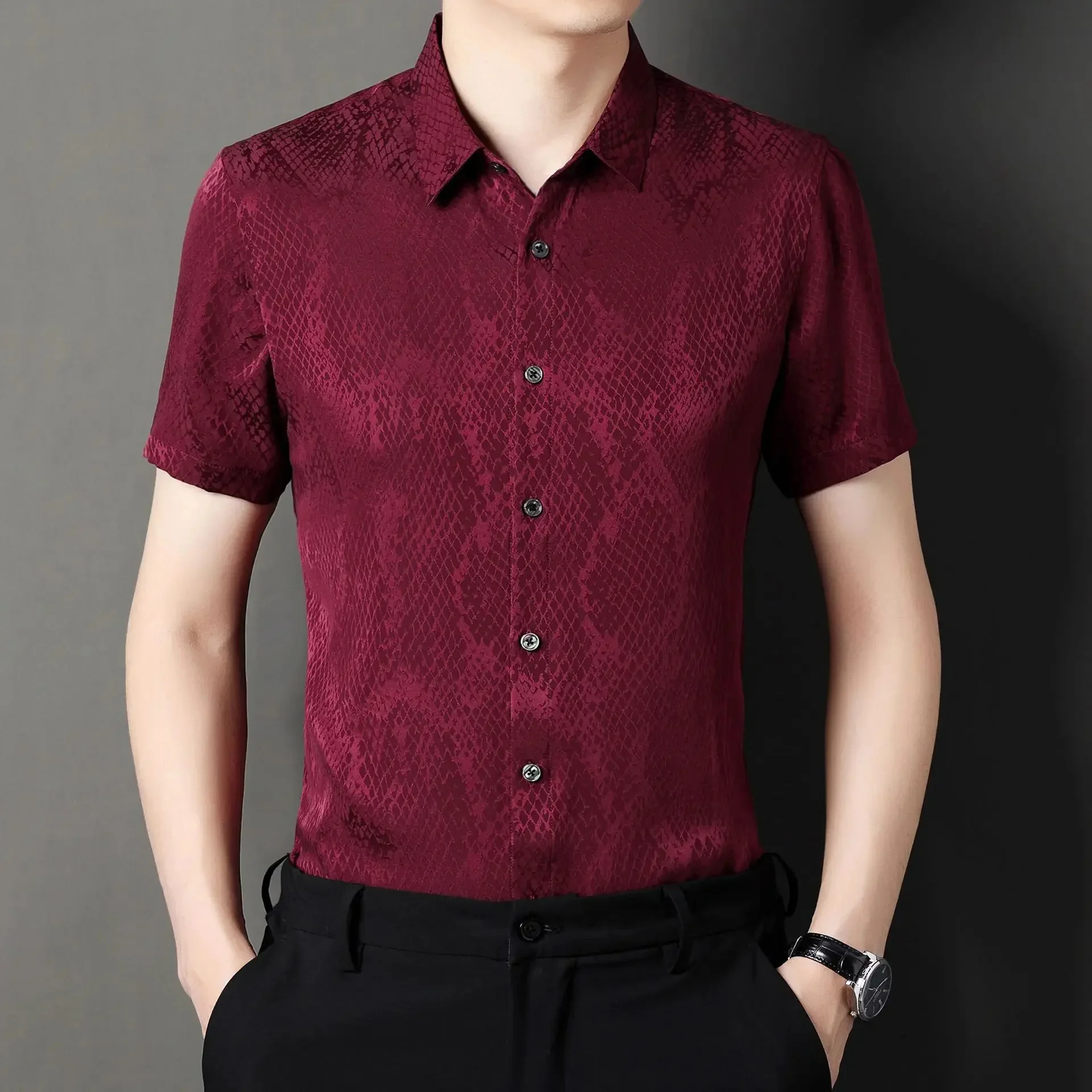 90.8% Tcyeek Mulberry Shirts for Men Summer Short Sleeve Real Silk Shirt Top Casual Business Thin Tops Camiseta Masculina