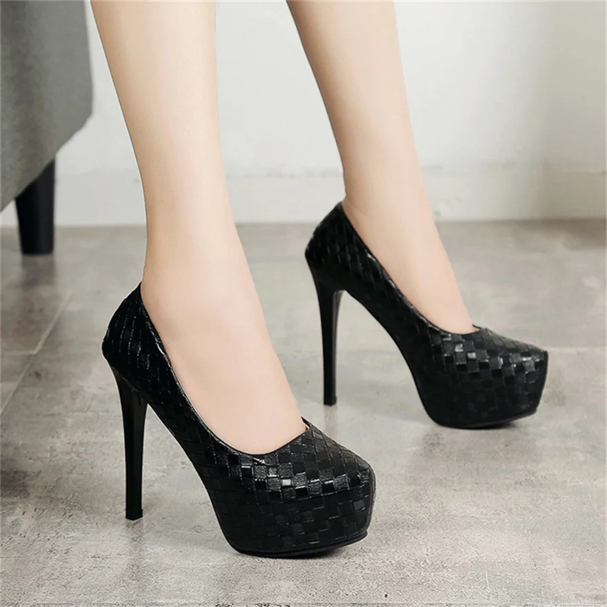 New Autumn 12CM High Heels Women Pumps Round Toe Slip On Stiletto Black Silver Woven Plaid Platform Party Office Lady Shoes Sexy