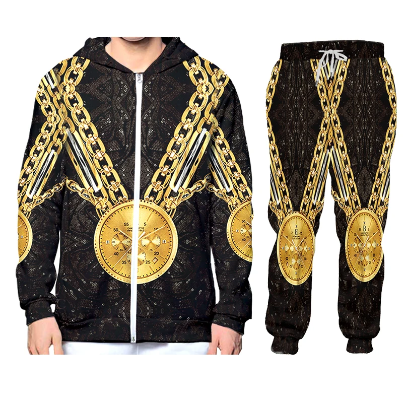 Gold Medal Chain Punk Tracksuits Sets Winter Autumn 2 Piece Suit Hoodie 3D Printed Zip Hip Hop Men Jacket Sweater Pants  Jogger