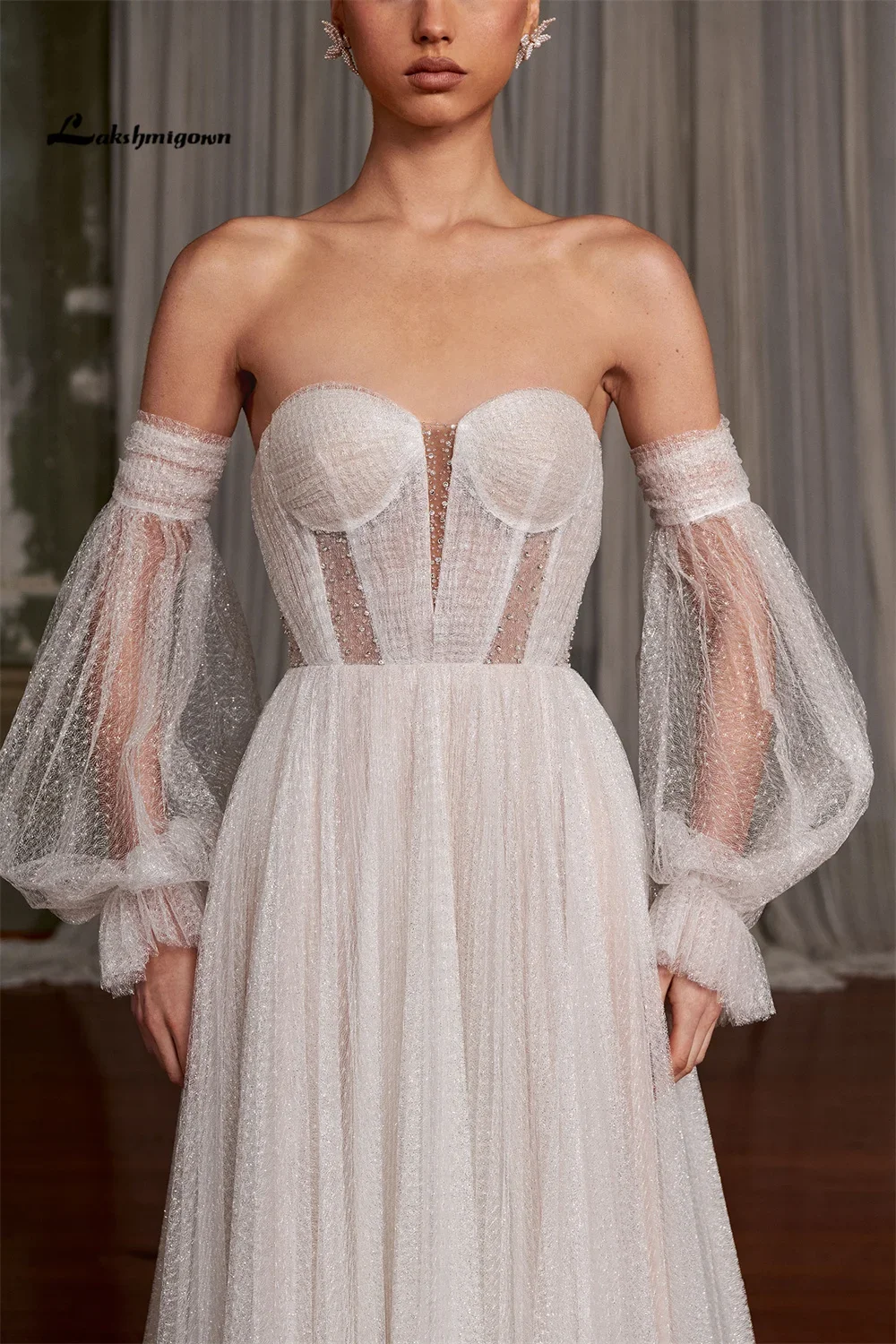 Royce Luxury Sweetheart con spalle scoperte Abito da sposa linea A con paillettes Lunghezza pavimento Abito da sposa classico senza schienale da donna