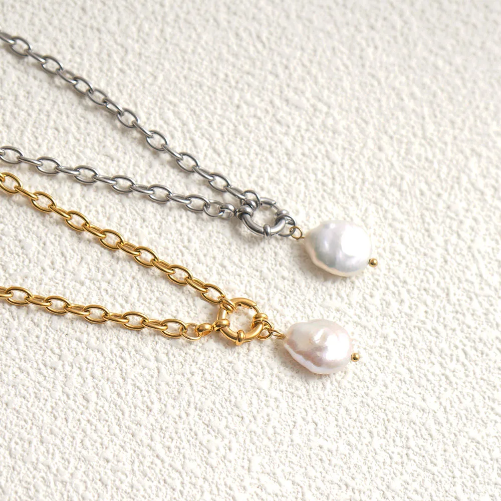 عقد من اللؤلؤ الطبيعي للنساء ، الفولاذ المقاوم للصدأ ، قلادة مشبك بحار ، لون ذهبي وفضي ، رولو تشيان معدني ، كولير حجري #6