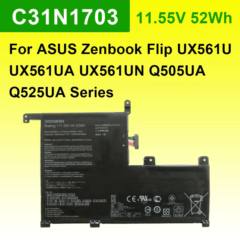 C31N1703 For ASUS Zenbook Flip UX561U UX561UA UX561UN Q505UA Q525UA Q525UA-BI7T9 Series Laptop Battery Li-Ion 11.55V 52Wh
