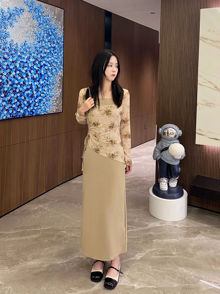 

Elegant Floral Print Long Dress Style Spring Autumn Seasonal Slim Fit Gown New Chinese Style Quality Fashionable Wom...