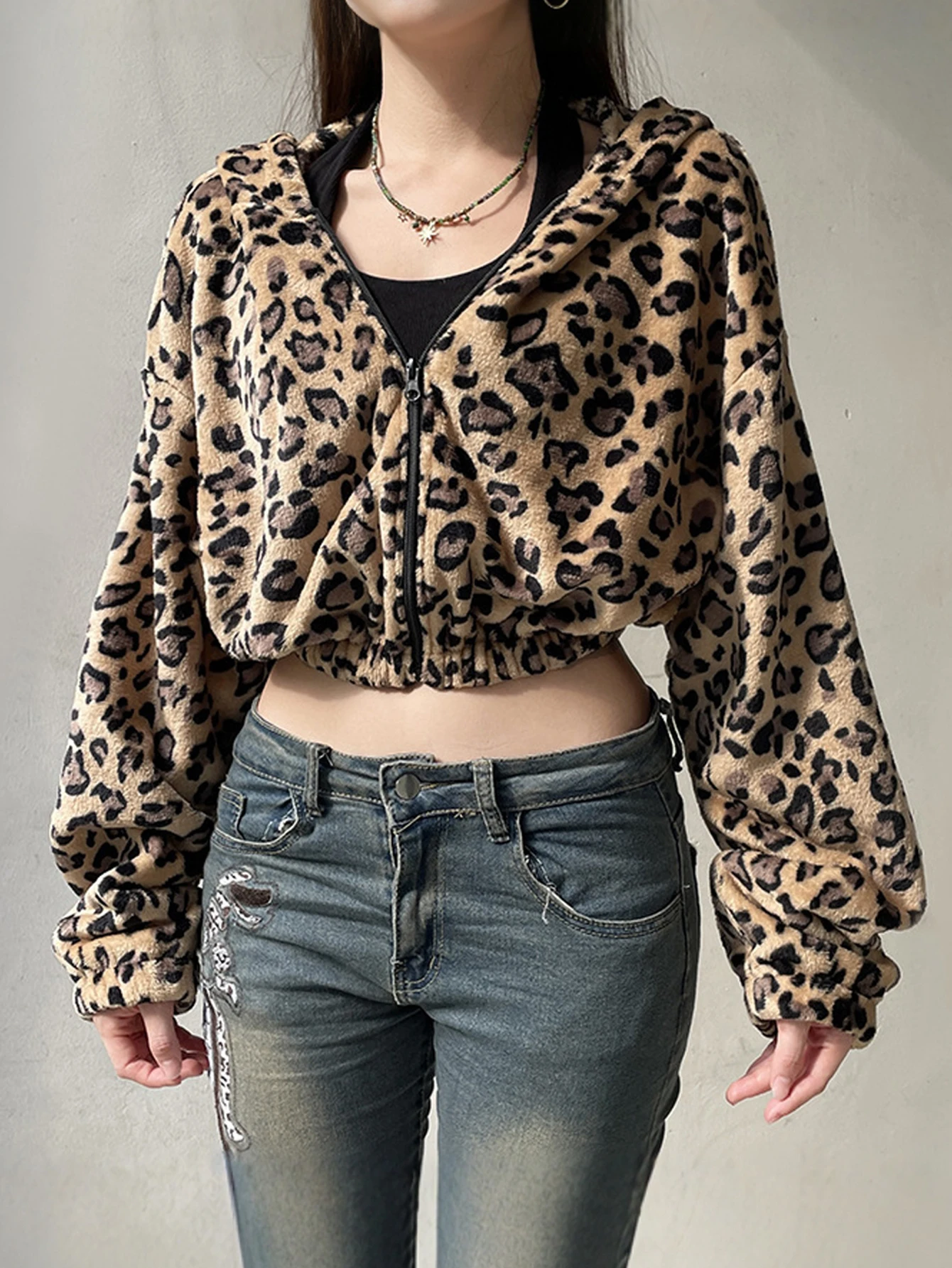 Sudadera con capucha con estampado de leopardo para mujer, cremallera recortada, frente abierto, manga larga, ropa de calle informal, Otoño Invierno, elegante salvaje