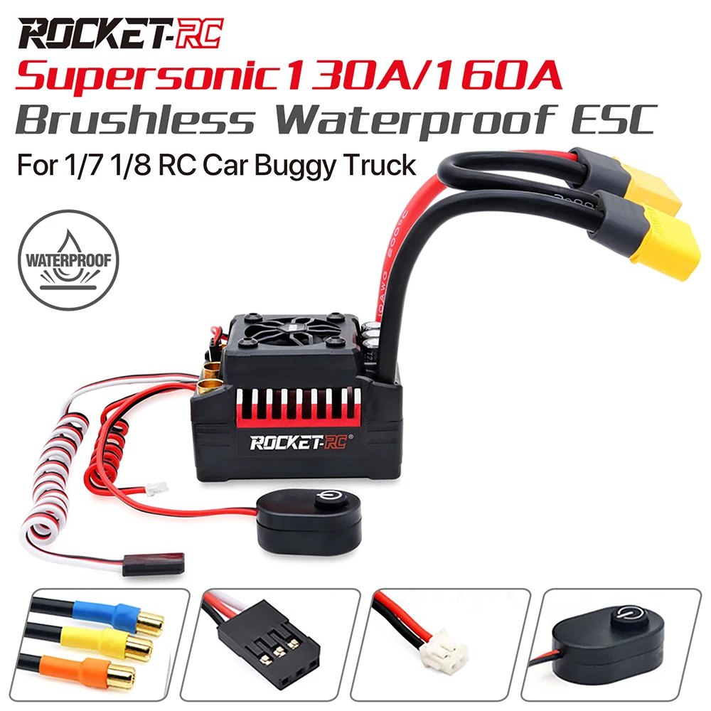 SURPASSHOBBY Rocket RC 130A ESC Brushless 160A ESC 4S Electronic Speed Controller Waterproof for 1/7 1/8 RC Car Buggy Truck