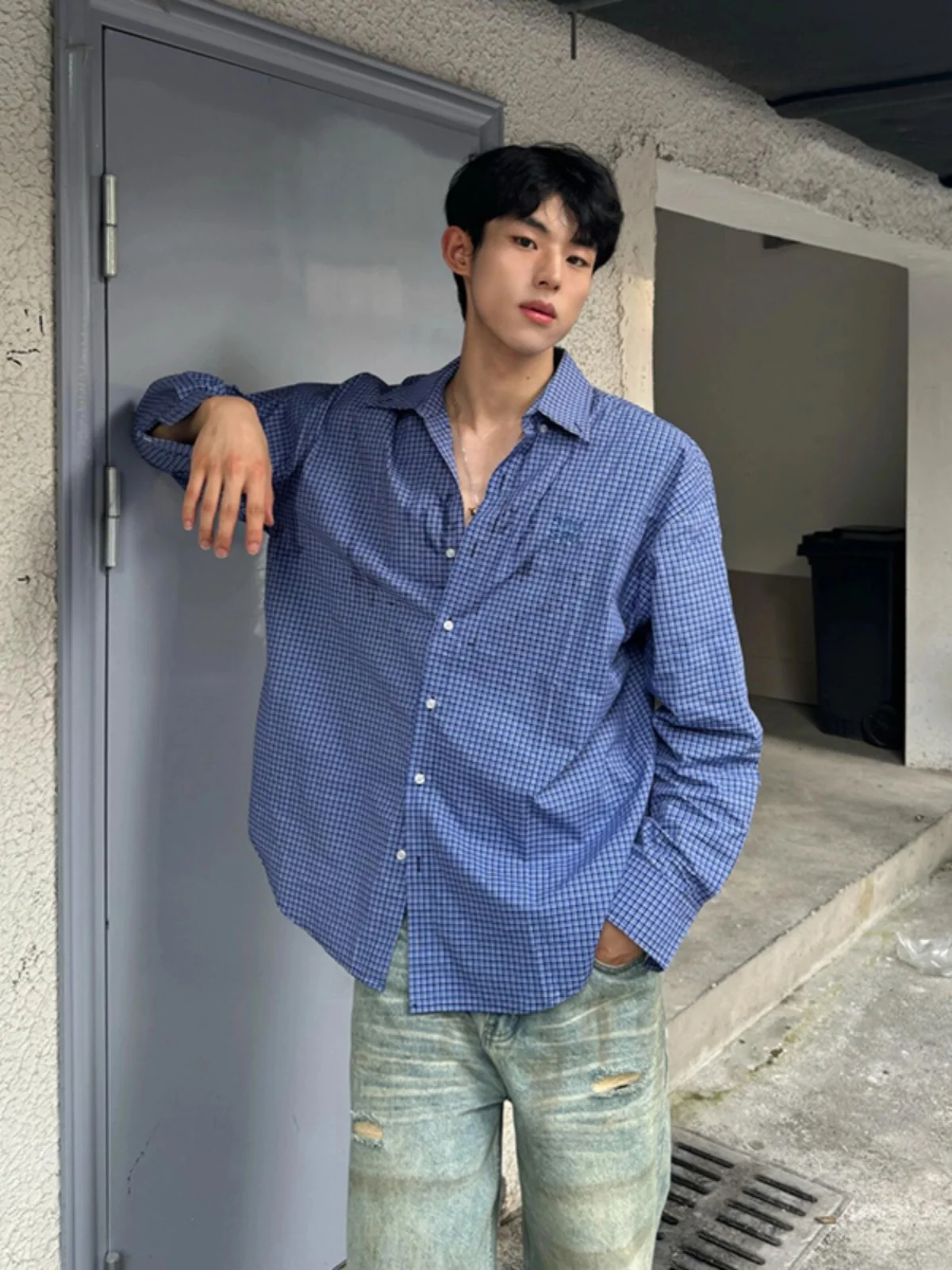 

Blue Plaid Casual irt Jaet for Men Autumn Korean Sle Premium Feel Stand Collar Top Cleanfit Long Sve aphic Print