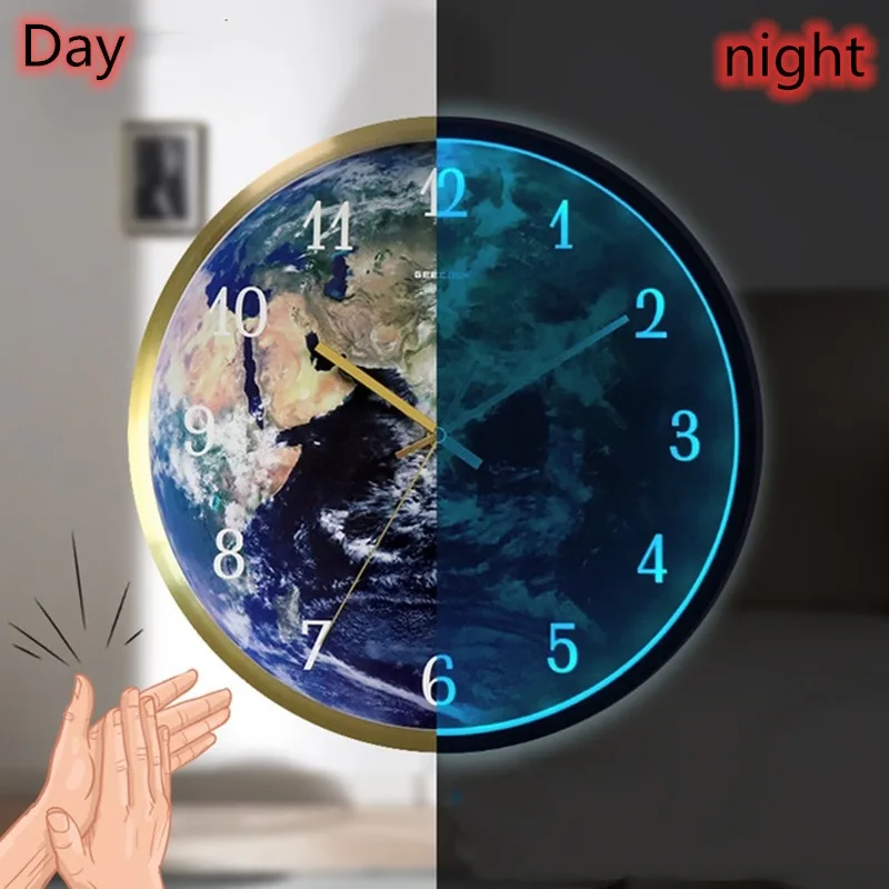 LED sound and light dual control luminous wall clock creative earth home clock living room decorative hanging clock