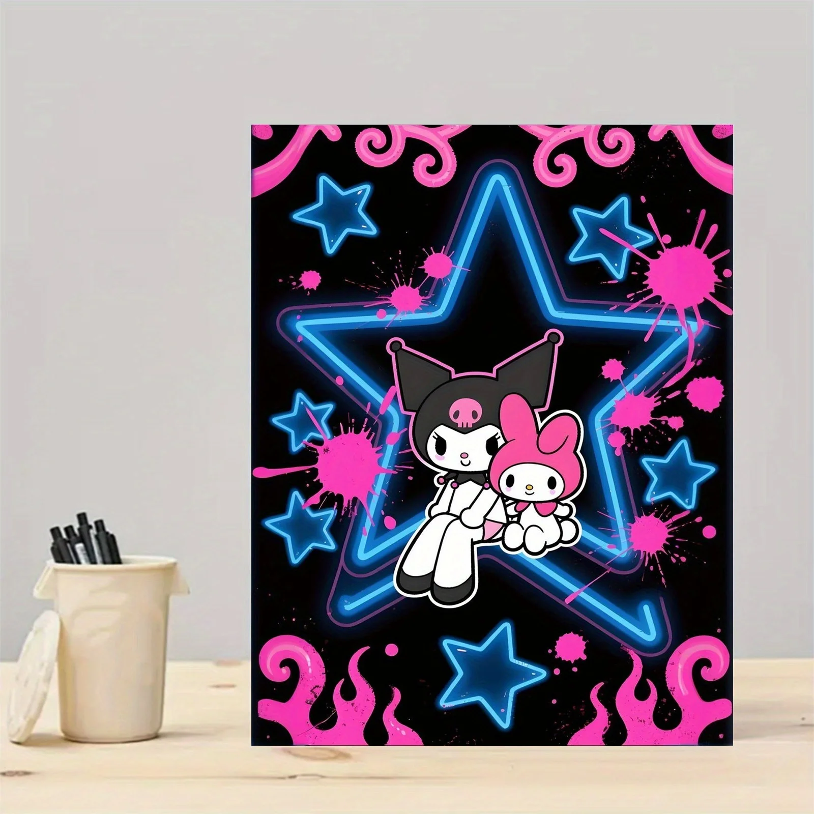 (No frame)Sanrio Cartoon Characters Unframed Canvas Print,  Black Background with Blue Stars Pink Spots and Flame Decor, Home