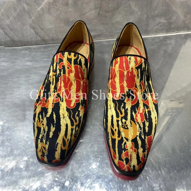 Colorful Printed Cloth Men Shoes Small Square Toe Loafers Business Dress Men\'s Shoes Spring Summer Formal Wedding Dress Shoes