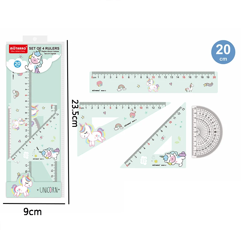 Unicorn Ruler Set 4Pcs 20cm Straight Ruler Triangle Ruler Protractor Math Geometry Drawing Kit for Student School Stationery