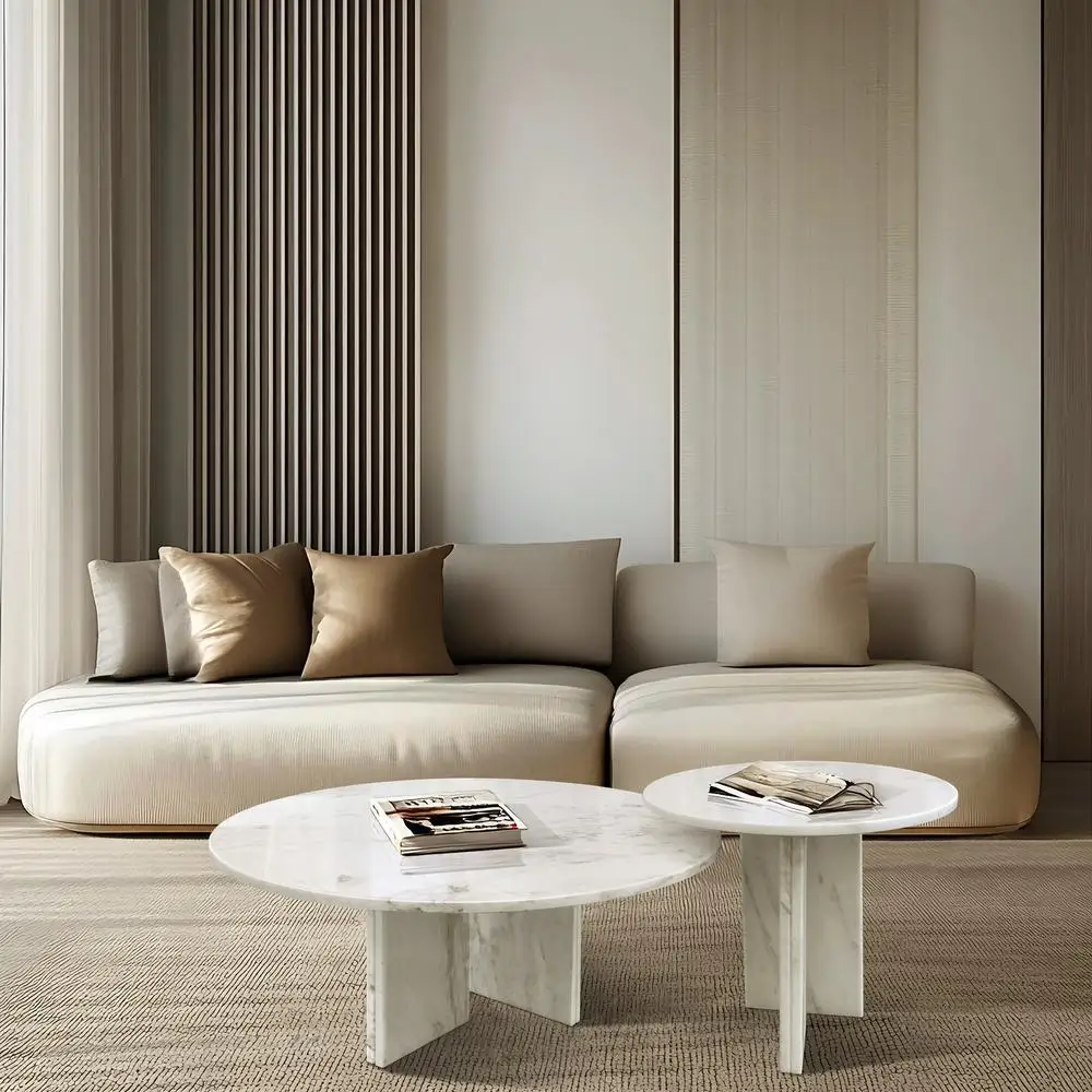 

White Natural Marble Coffee Table Set Genuine Stone Living Room Table with Two Sizes