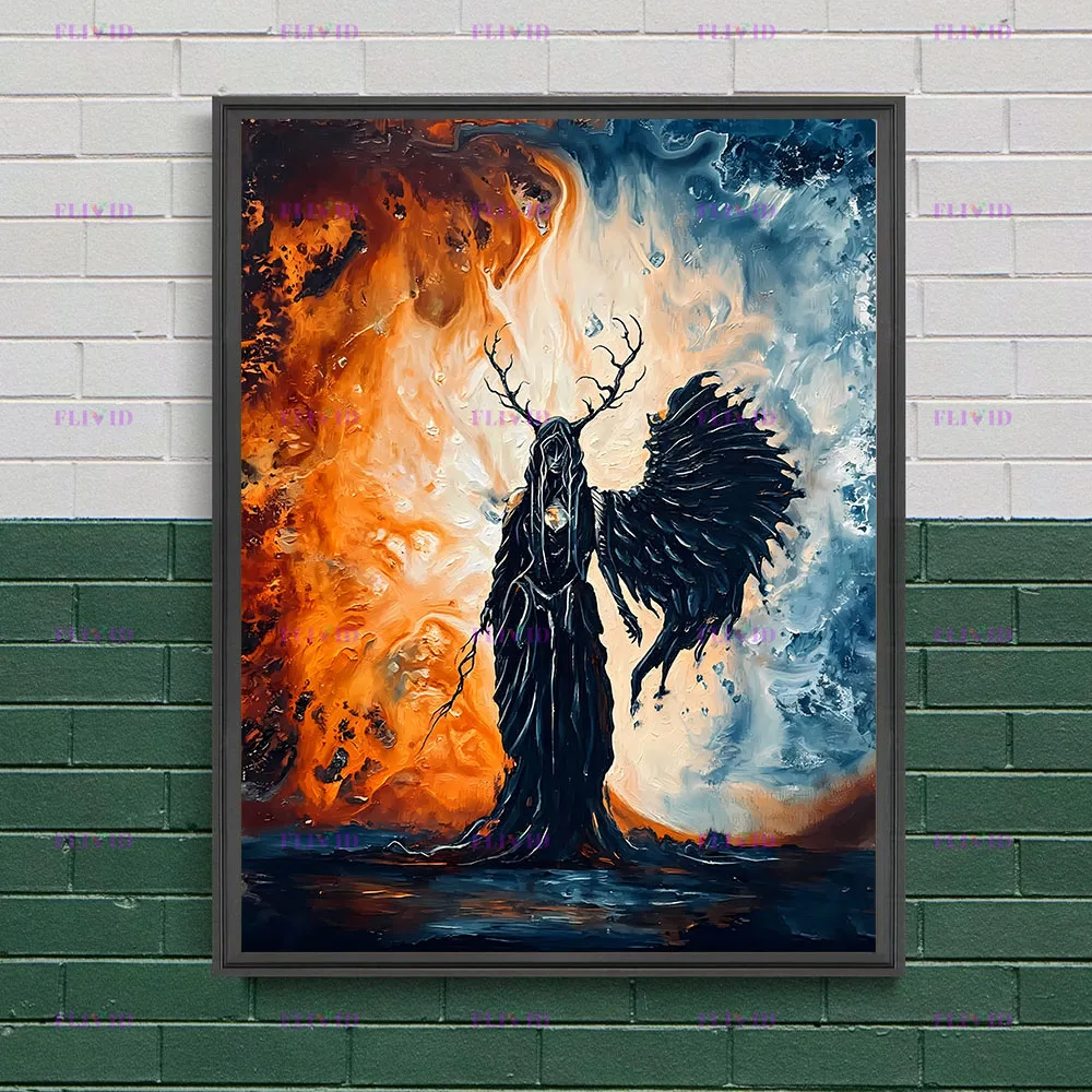 Dark Fallen Angel Canvas Wall Art, Impasto Oil Painting Style Black Wing Demon Poster, Gothic Mystic Fantasy Print Picture Decor