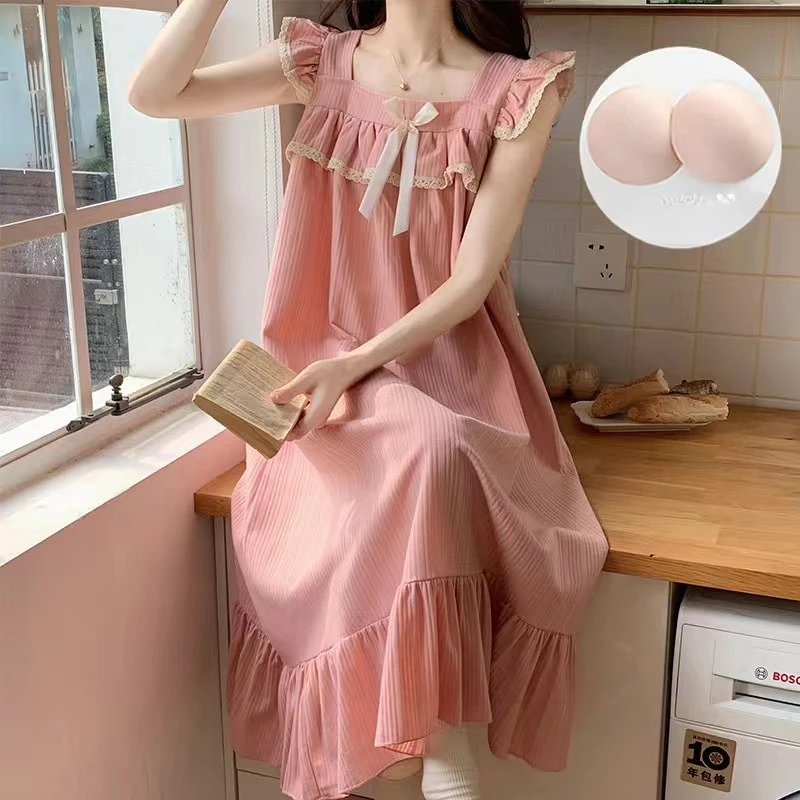 Cute Camisole Women Fashion Summer Nightgowns Sweet Girl Sleeveless Sling Pajama Lady Ribbons Bows Padding Sleepshirt Homewears - view 5