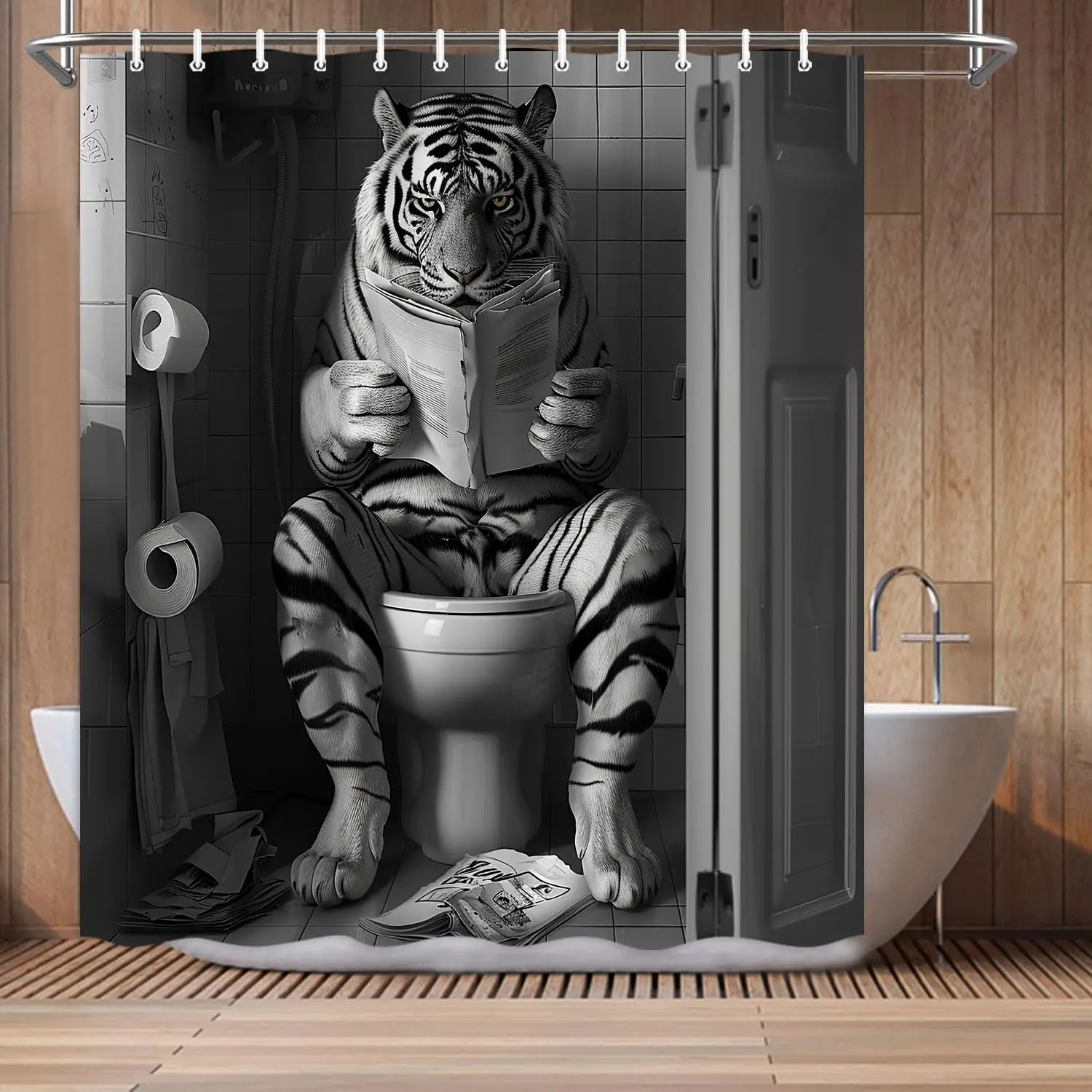 面白い虎が新聞を読んでいるシャワーカーテン、バスルームのトイレにいる白黒の虎、バスルーム用防水生地カーテン