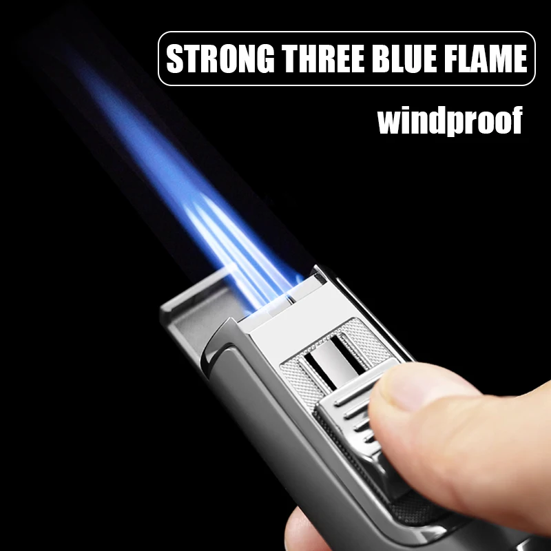 JOBON-Windproof Three Blue Flame Lighter, Slide Down Open Cap, Ignition Bottom, Cigar Cutter Design