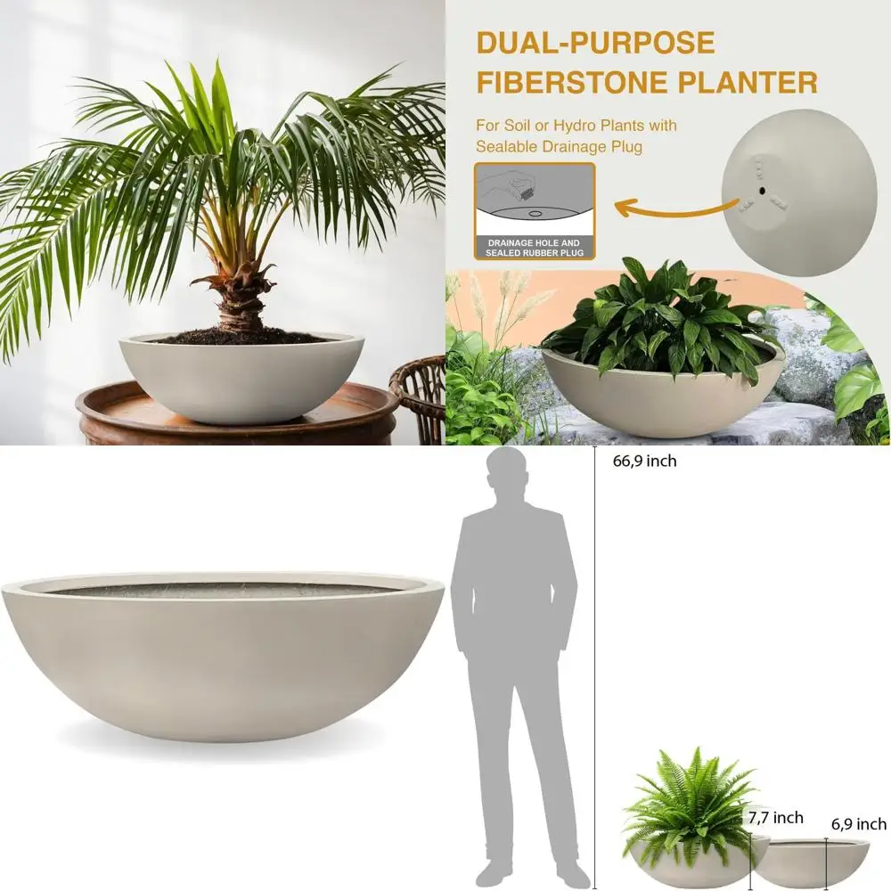 

Round Fiberstone Planter, 7.7 High x 22 Diameter, for Succulents and Lotus, with Drainage Hole, Suitable for Indoor and Outdoor