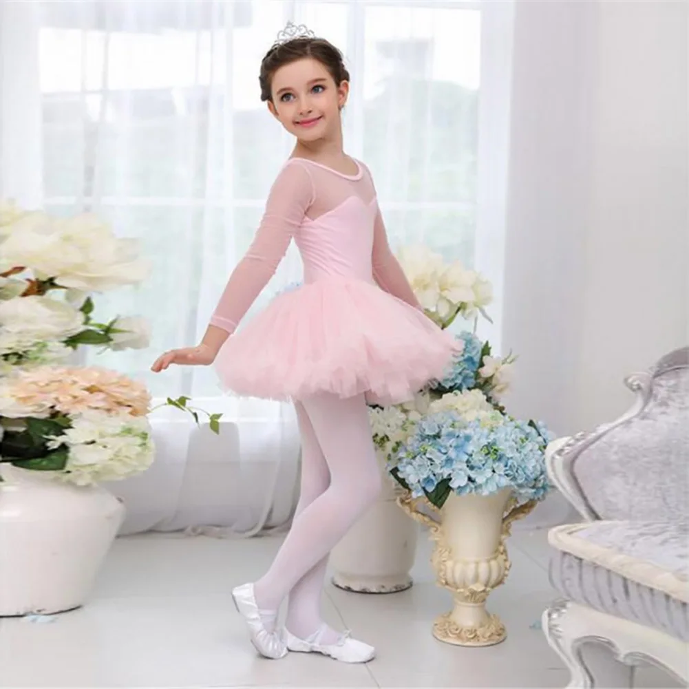 New Sweet Latin Dance Dress For Kids Solid Color Long-sleeved Lace Ballet Dress Kid\'s Temperament Dancewear Stage Costume