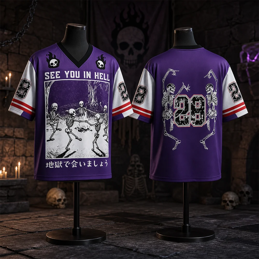 Unisex Harajuku Hell Vision Skull Quick-Drying V-Neck T-Shirt Breathable Rock Street Casual Fashionable Parent-Child Clothing