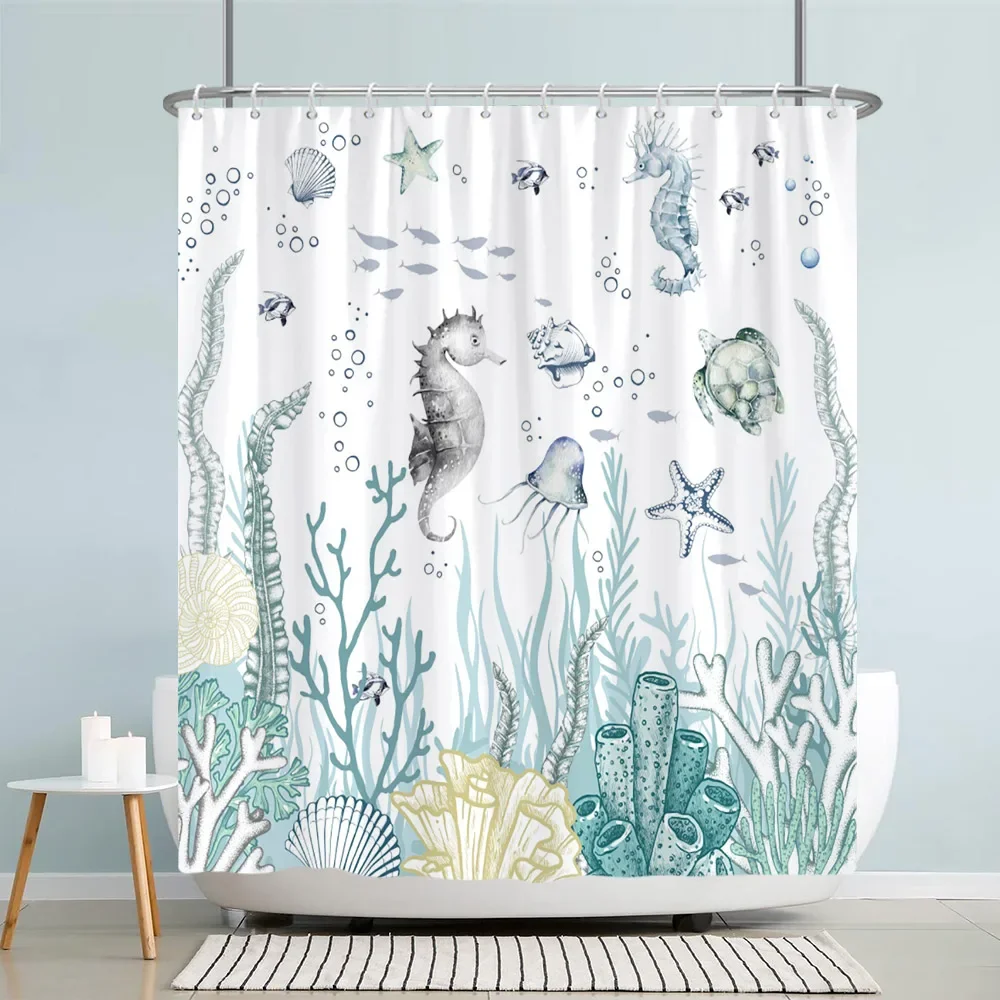 Ocean Starfish Shower Curtain Underwater Seahorse Coral Sea Turtle Shell Nautical Theme polyester Shower Curtains Bathroom Decor