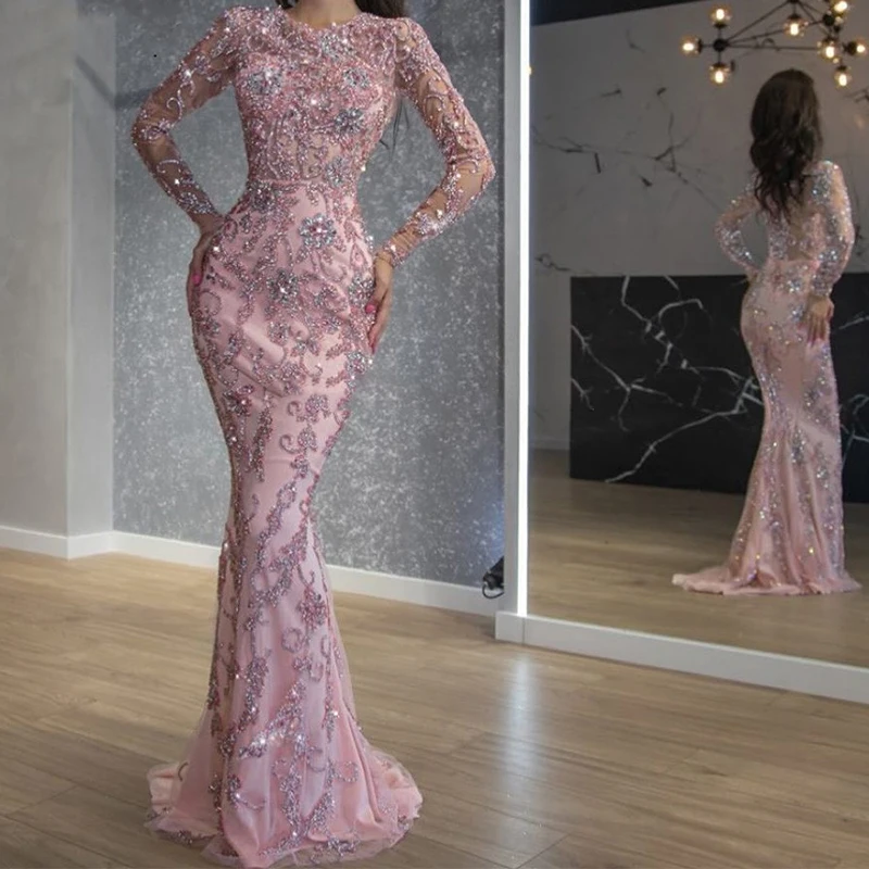 2023 Pink Mermaid Formal Gowns Long Sleeves Evening Dress Sparkly Beading Mermaid Prom Dresses with Detachable Train