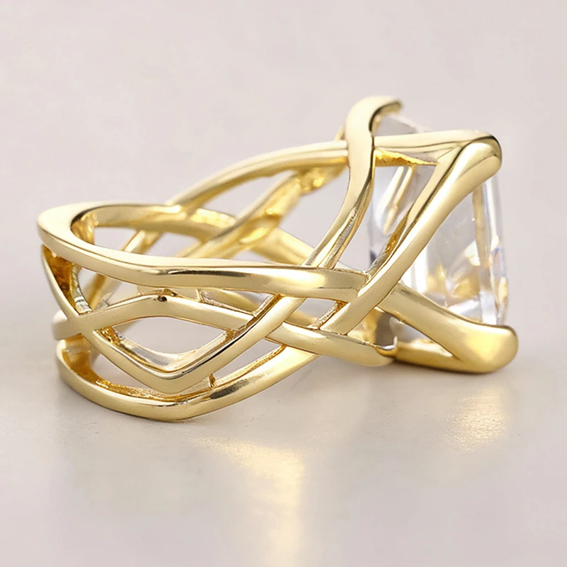 Huitan Ring mit hohlem Kreuz-Design für Damen, goldfarben, mit leuchtend weiß/blauem CZ, modisches Hochzeitszubehör, eleganter Partyschmuck – Detail 8
