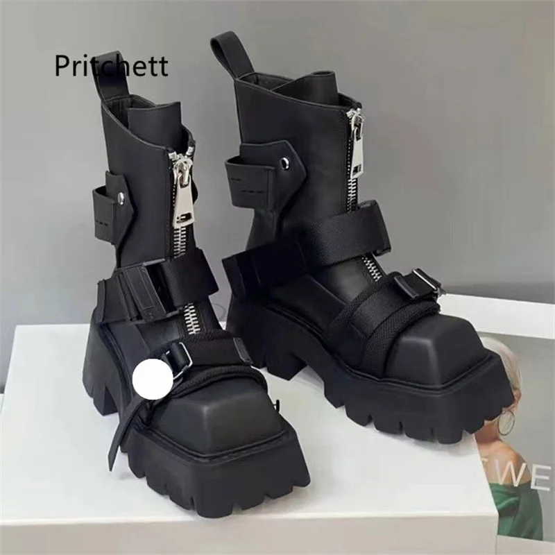 Belt Buckle Square Toe Ankle Boots for Women Thick Sole Motorcycle Knight Boots Chelsea Boots Zip 2024 Autumn Winter New Shoes