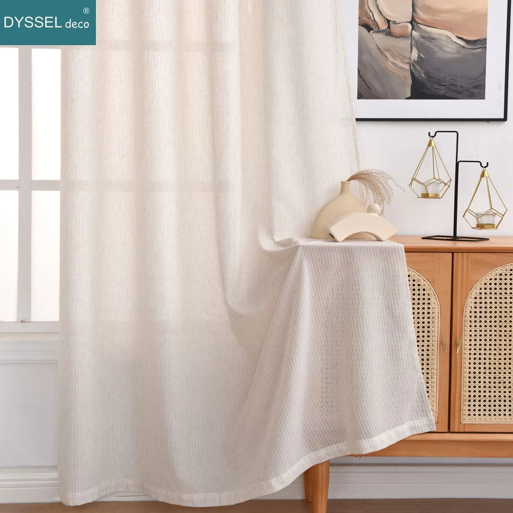 Beige White Modern Linen Striped Sheer European Style Window Curtains with Rod Pocket Grommet for Living Room Bedroom Decor