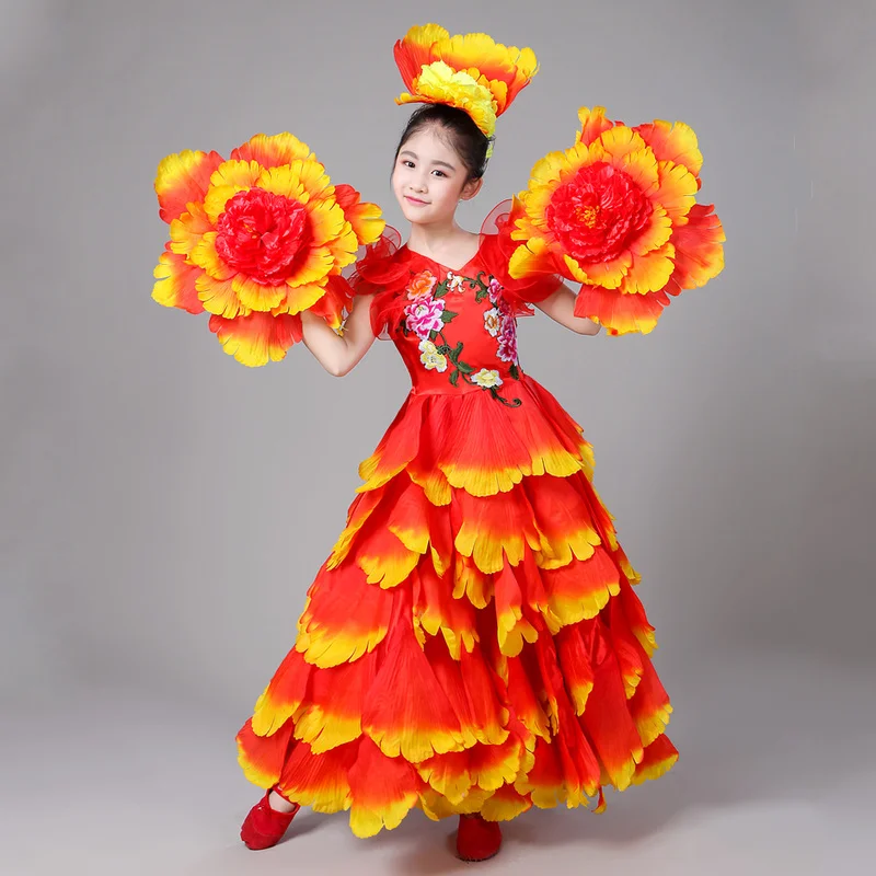 Kid Spanish Dancer Costumes Sexy Flamenco Dancing Dress Outfits Girl Performance Flowers Ballroom Dance Dress 360 Degrees