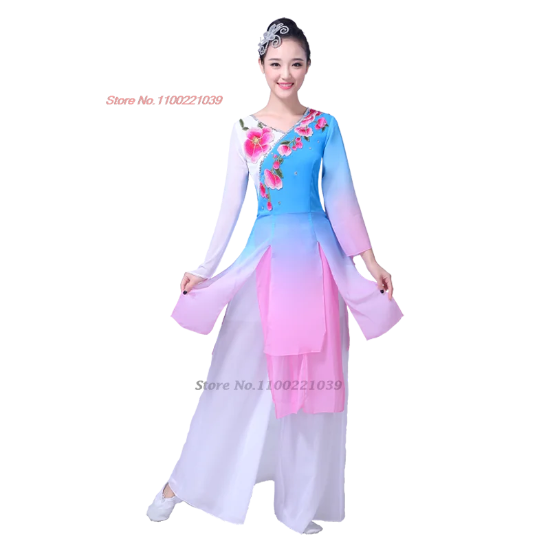 2025 ملابس رقص صينية تقليدية الوطنية زهرة التطريز مرحلة الأداء بلايز + فستان أطفال مع سروال داخلي زي رقص شعبي hanfu