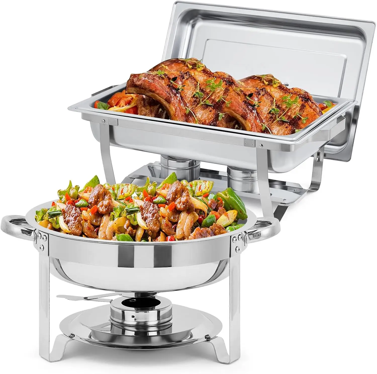 Tacleekii 2 4 6 Pack Stainless Steel Chafing Dish Buffet Set 8Qt Rectangle & 5Qt Round Chafer with Lids, Food Warming Trays for Catering, Buffet, Parties, Holiday Events, and Home Use
