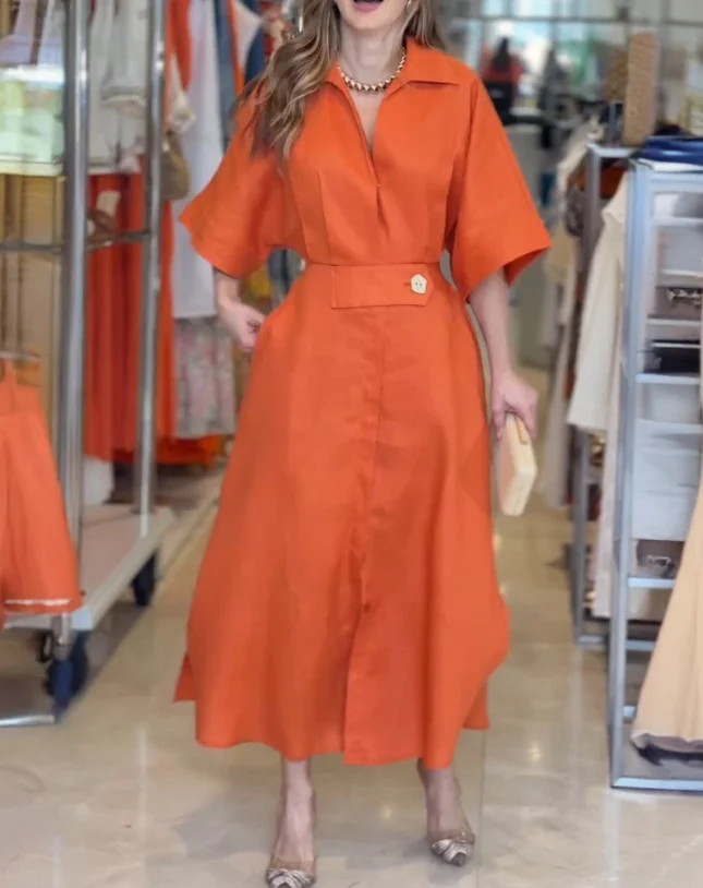 レディースドレス 2025 春の新ソリッドカラーターンダウン襟半袖マキシドレスカジュアルウエストスリットポケットシャツドレス