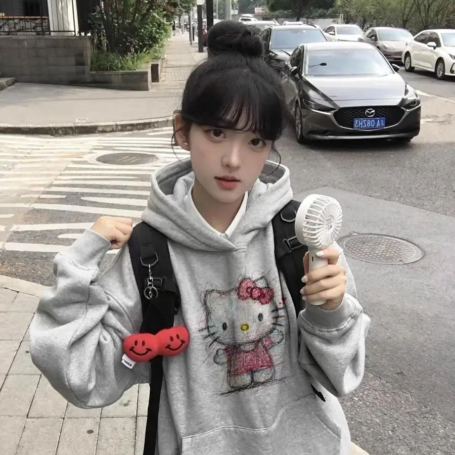 سترة سانريو هالو كيتي بغطاء للرأس بأكمام طويلة للفتيات والخريف والشتاء، سترة كارتونية من القطن الخالص كوالي للطلاب والكلية #5