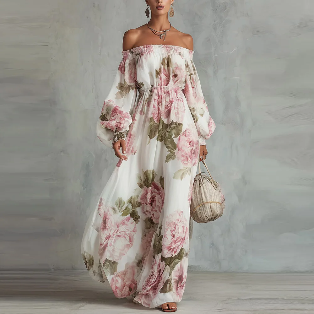Elegantes Maxikleid mit Blumenmuster für Damen, Sommer 2026, modisch, schulterfrei, langärmlig, schmal geschnitten, A-Linien-Kleid, lässig