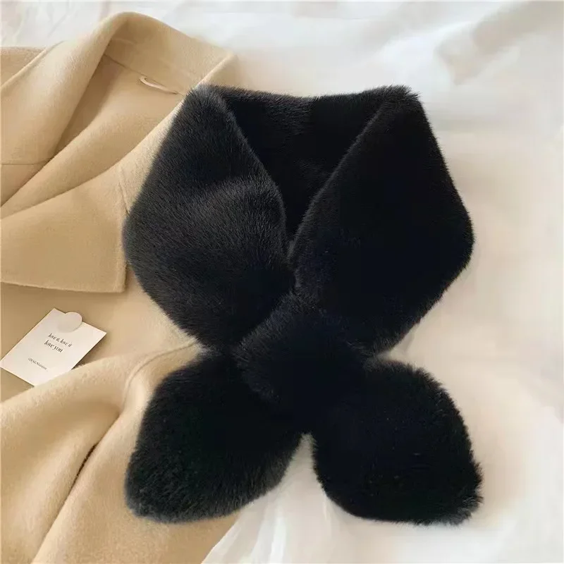 2021 New Scarf Korea Lady Style Solid Color Warm Imitation Rabbit Fur Cross Scarf Plush Fur Collar Fake Collar