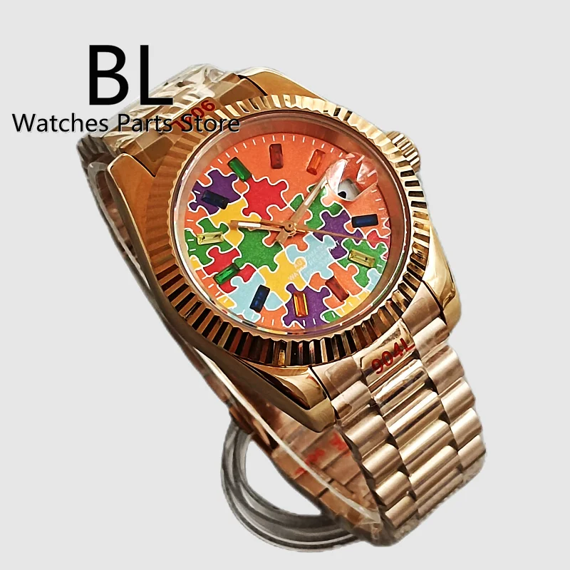 BLIGER 36mm/39mm Men\'s Watch Japan NH35 Automatic Watch Sapphire Glass Orange Puzzle Dial Luminous Rose Gold Fluted Case Jubilee