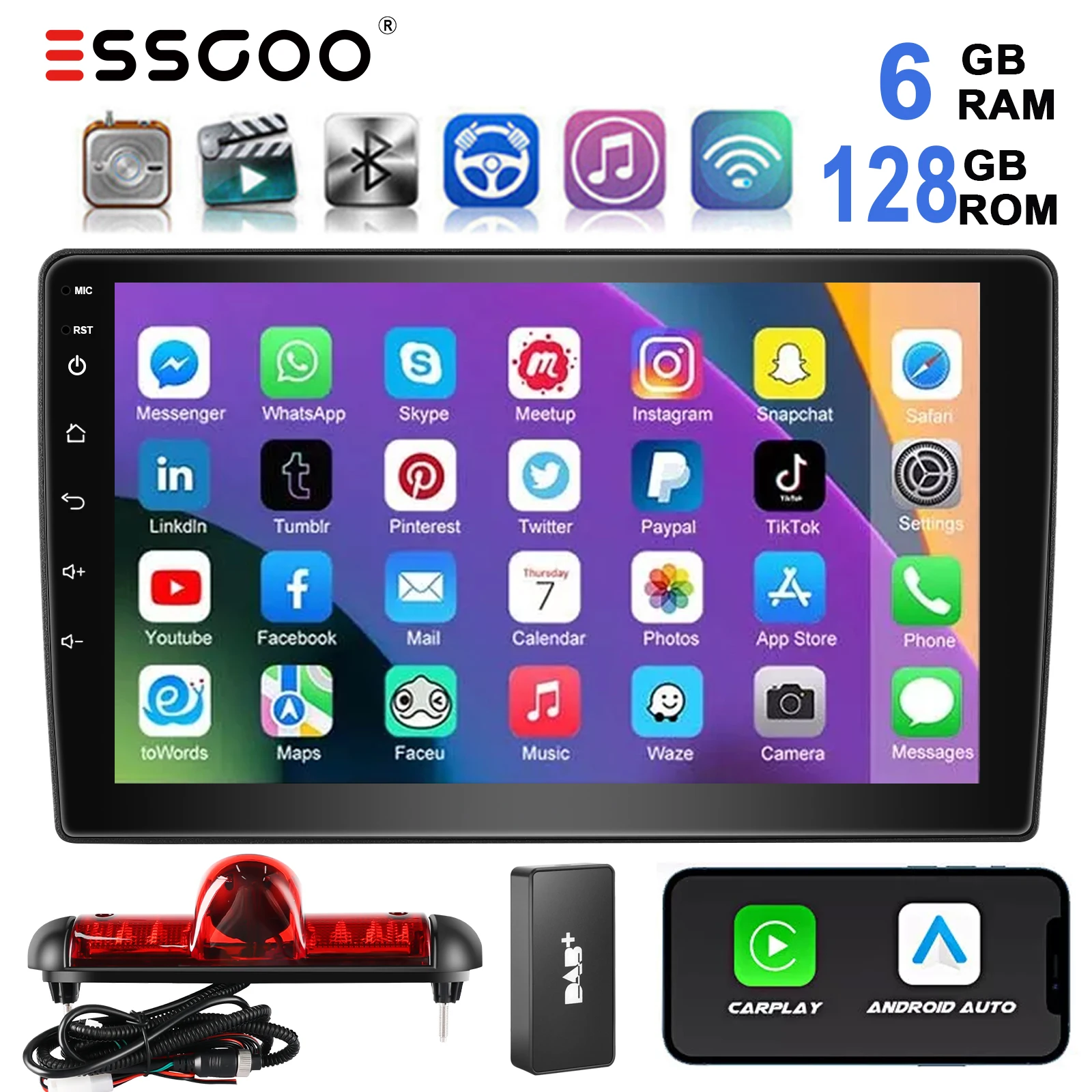 ESSGOO 4+64G/6+128GB Auto Radio für Fiat Ducato, Citroen Jumper, Peugeot Boxer, Dodge Ram 2500, Kabelloses CarPlay, Android Auto, GPS, RDS, WLAN, BT, Multimedia, IPS-Bildschirm, DAB+, Rückfahrkamera