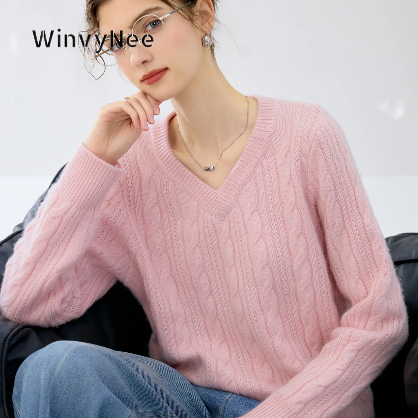 WinvyNee Women Retro Cable Knit Jumper Cashmere V Neck Long Sleeve Pullover Autumn Winter Thickened Soft Knit Top Cosy. A1944036