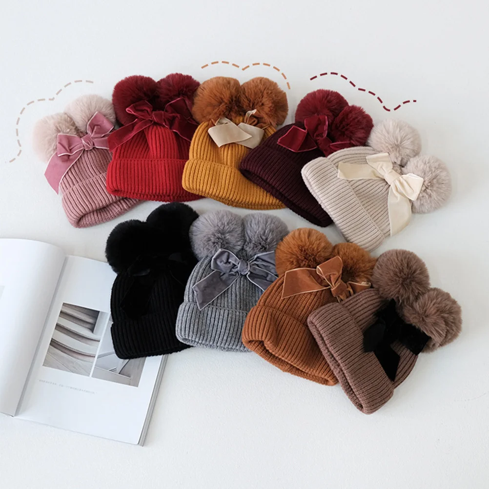 

Newborn Hat Children's Bow Knit Toddler Knitted Warm Cap Childrens Hats Tie Kids Baby Girl Grey