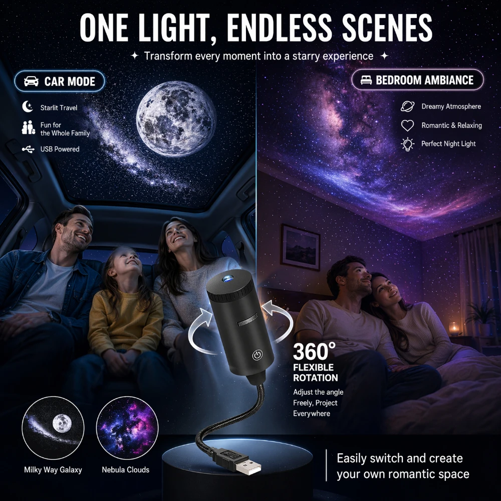 Auto-Deckensternprojektorlampe Schlafzimmer USB 5V Sternenhimmel-Deckenleuchte Tragbarer Sternenhimmel-Effekt für Fahrzeug und Zuhause