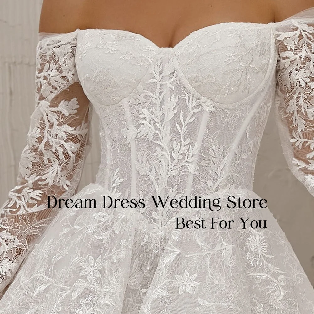 ชุดแต่งงานทรงเอไลน์แขนยาวผ้าลูกไม้ DREAM สำหรับผู้หญิง เปิดไหล่ ไร้สาย เปิดหลัง จับจีบ  แบบสั่งตัดได้