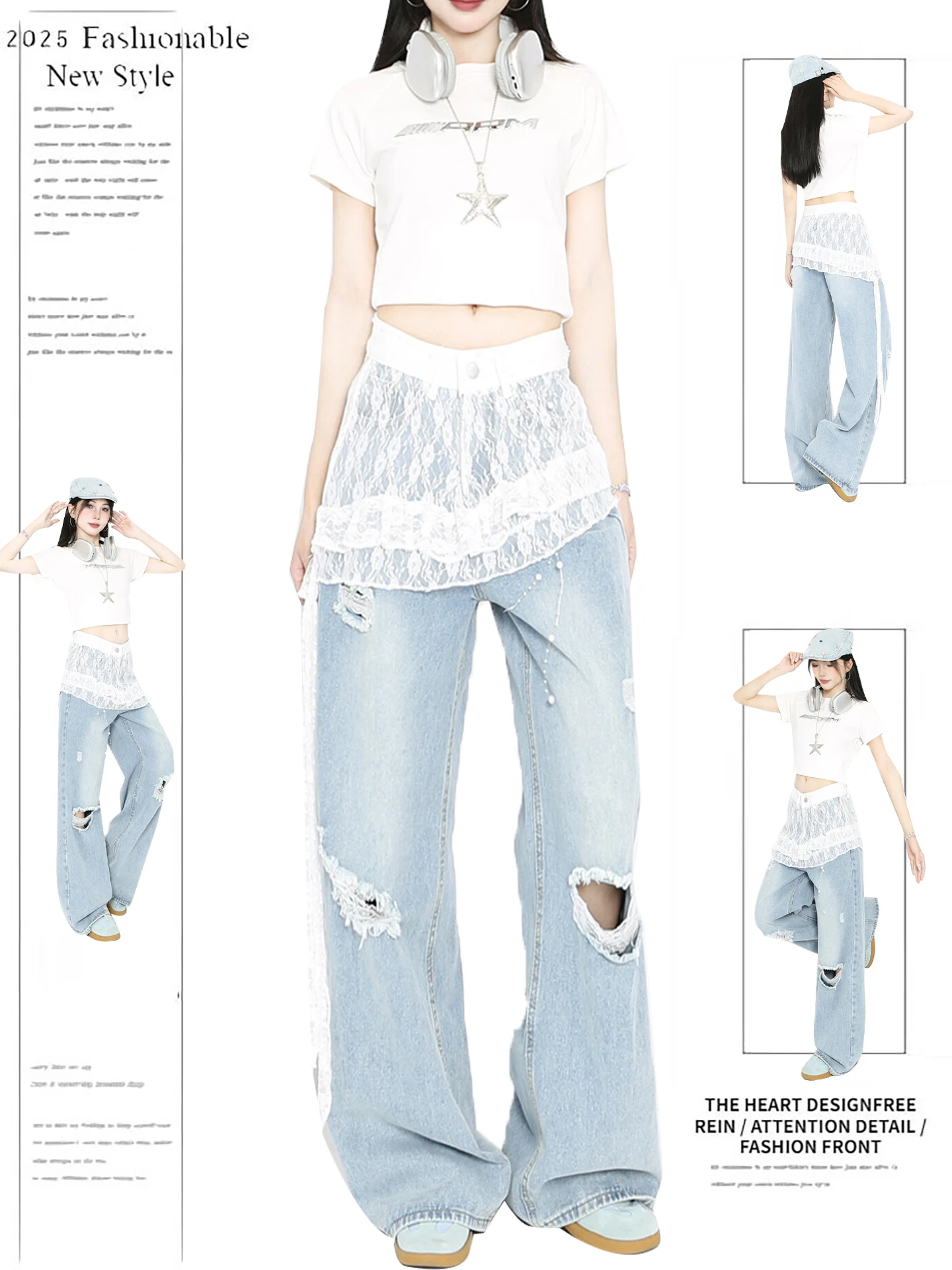 

High Waist Ripped Denim Skirt Pants American Design Sense Summer New Splicing Lace Apron Jeans Women Loose Sle Long Pants