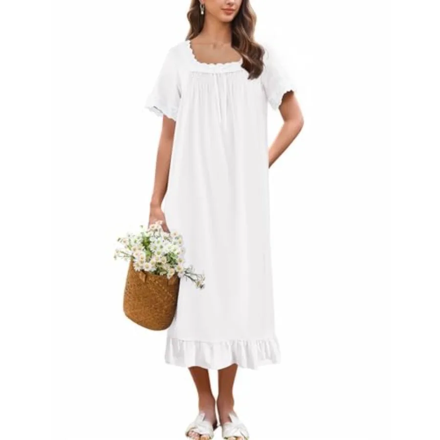 Ekouaer Cotton Nightgowns for Women Vintage Victorian Nightgown Short Sleeve Lace Night Gown Long Nightdress Soft Nightshirt