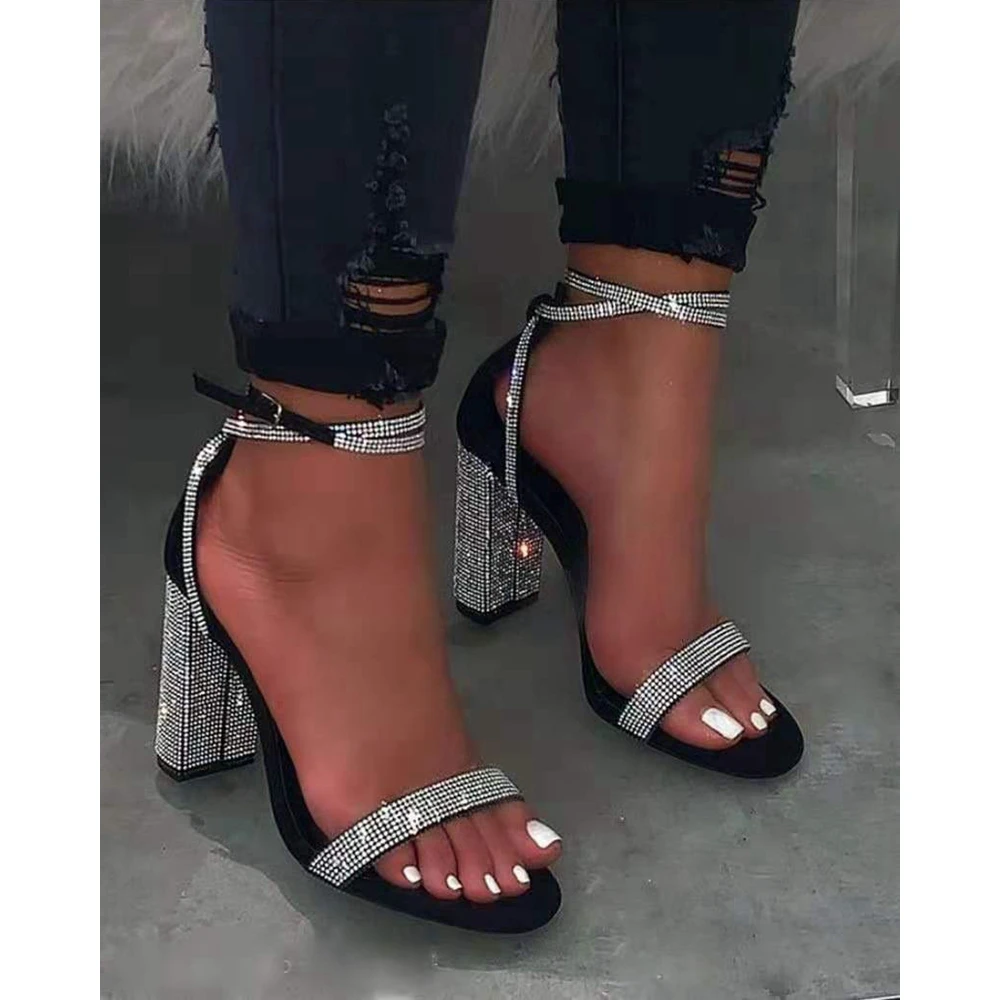 Women Glitter Rhinestone Peep Toe Turkey Heeled Sandals Fashion Ankle Buckle Going Out Femme Party Summer Shoes Korean Style