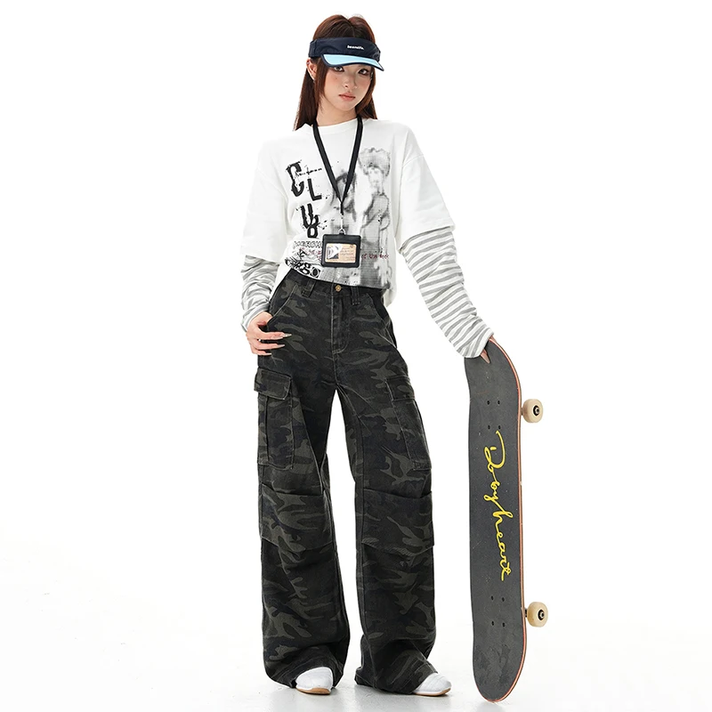

American retro camouflage multi pocket workwear denim micro flared autumn and winter loose casual wide leg pants for women