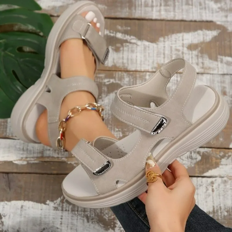 Neue Marke Hook Loop Sandalen Frauen Sommer Leder leichte Freizeit Keil Plattform Schuhe blaue Mädchen außerhalb Anti-Rutsch-Aprikose 42