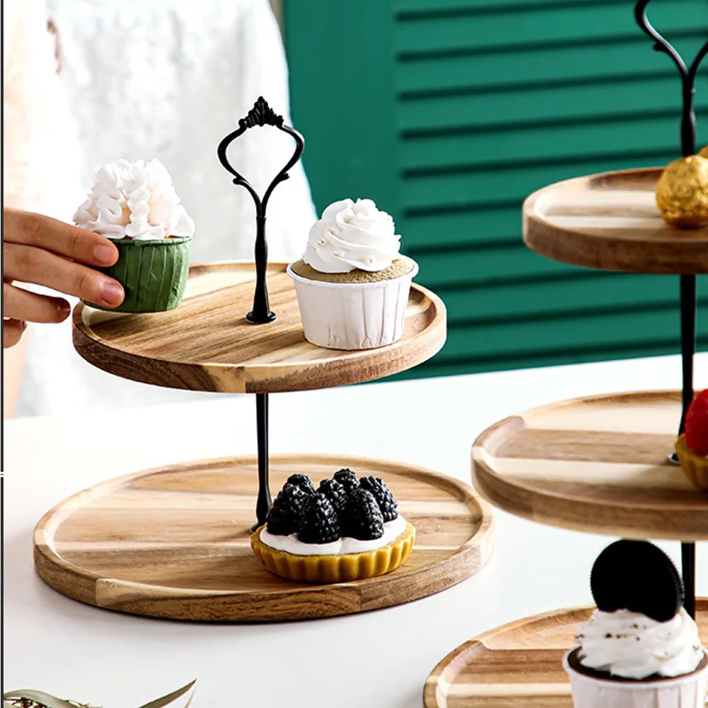 Solid Wood Serving Tray Smooth Detachable Multi Layer Frame Food Platter Wood Grain Texture Stable Bracket Display Tray