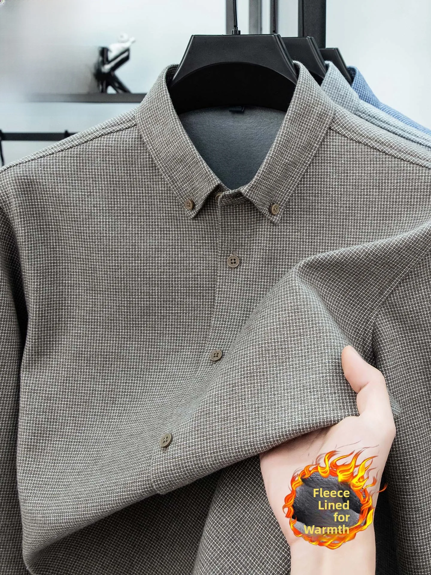 

Мужская теплая рубашка с флисовой подкладкой, стандартный крой, на пуговицах, с длинным рукавом, из смесовой шерсти с твидовым узором, для делового повседневного стиля